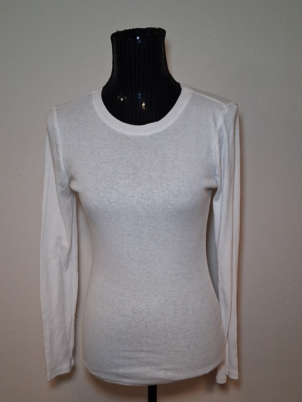 Bozzolo White Ribbed Long-Sleeve Crewneck Top